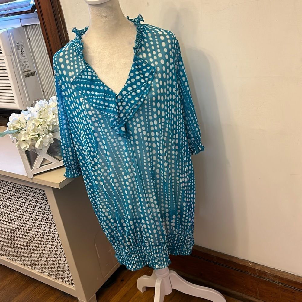 Lane Bryant teal white polka dot blouson shirt sleeve sheer blouse Size  18/20